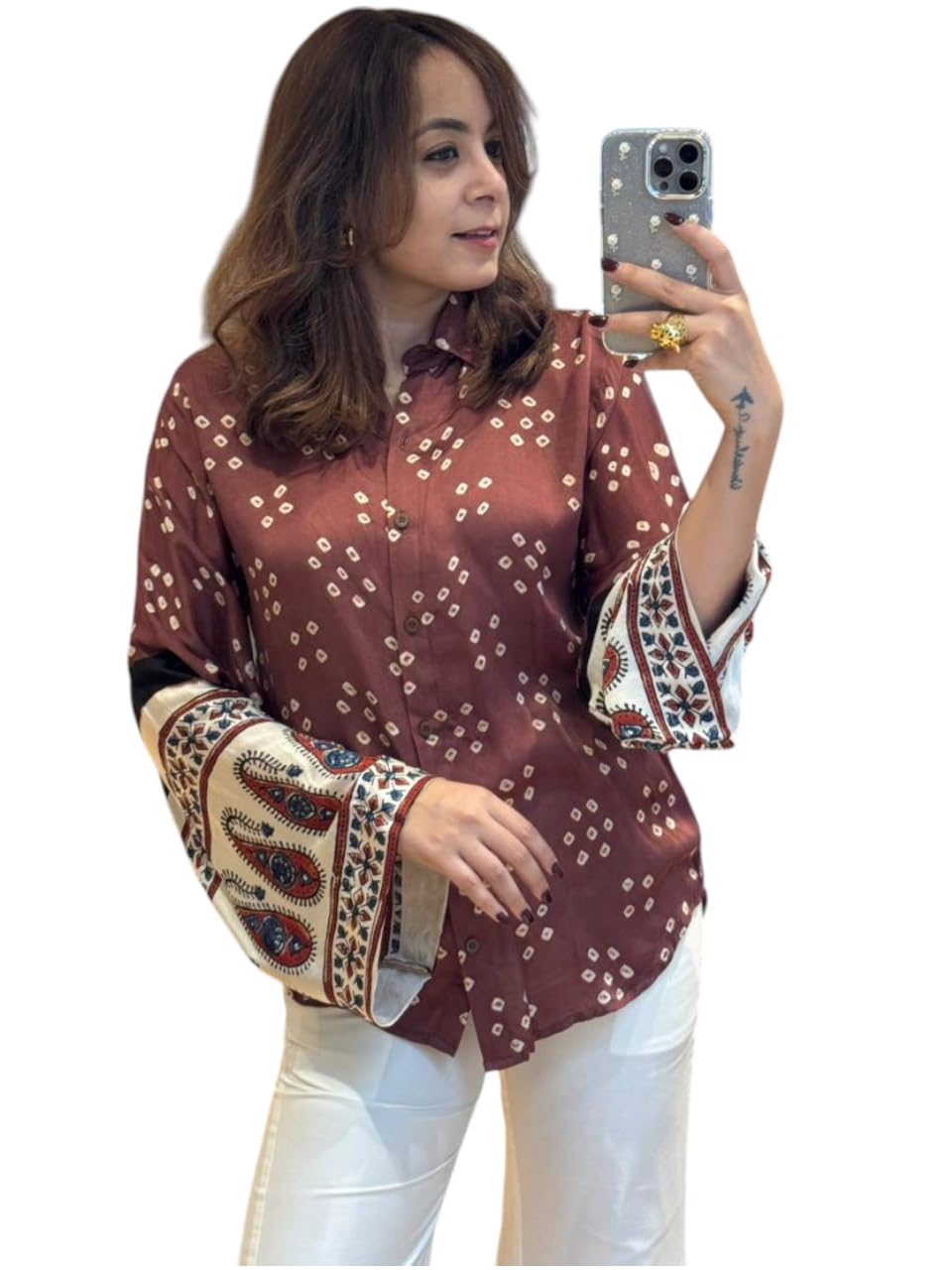 Women's Printed Shirt, Long Sleeve, Embroidered Cuffs, Collared Neck, Casual Ethnic Wear (in, Alpha, 2XL, Regular, Purpal-Bandhni)-image-48