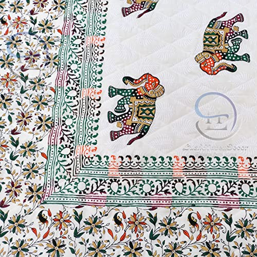 Image of 380 GSM Jaipuri Elephants Printed Winter Cotton Single Bed Quilt Razai - Red, Green, Cream and Multicolor, Rajai, 60X90 Inch