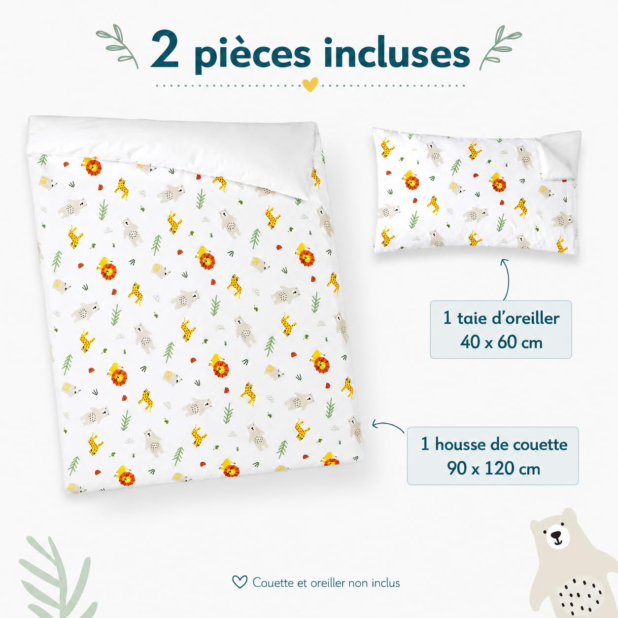 various Parure de Lit Bébé 90 x 120 cm, Motif Leo | Taie 40 x 60 cm,100 % Coton avec Fermeture Éclair, pour Lit 60 x 120 cm
