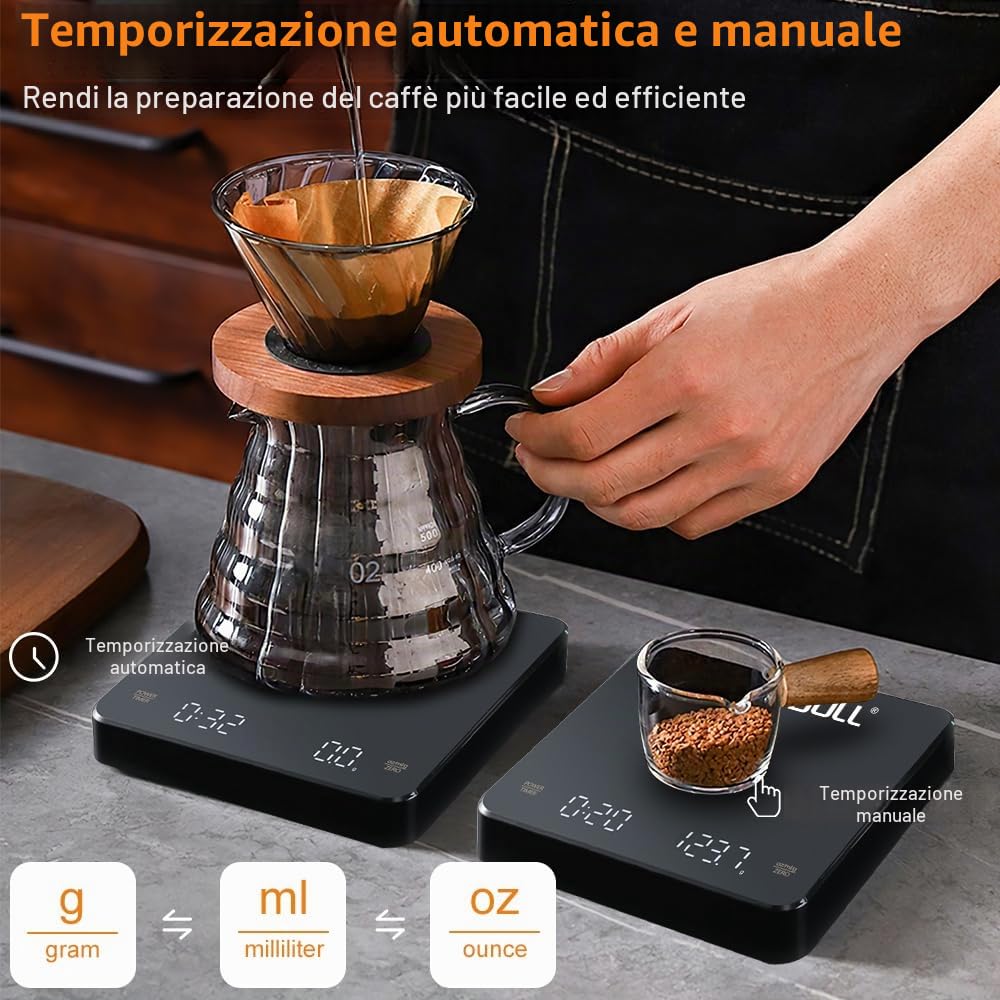 OBEST Mini Bilancia per Caffè con Timer, 3kg/0,1g Bilancia con Precisione | Bilancia Digitale Ricaricabile per Caffè, Bilancia Elettronica Portatile da Cucina con Display a LED e Timer Automatico