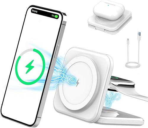 Cargador inalámbrico plegable 3 en 1 compatible con MagSafe, Apple iPhone 15 14 13 12, reloj, AirPods, ligero portátil, fuerte atracción magnética