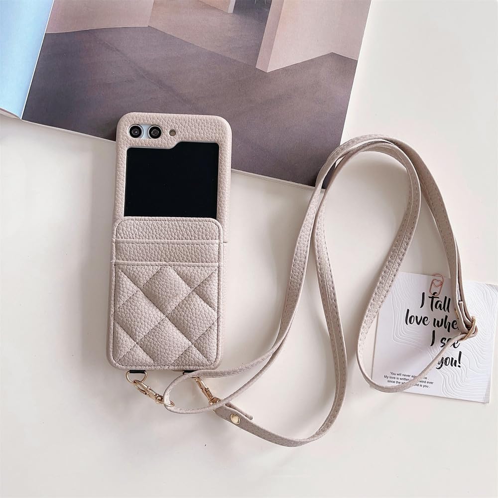 Portfel Crossbody z etui na karty do telefonu Samsung Galaxy Z Flip 5 4 3 Flip5 Flip4 Flip3 5G PU Leather Cover, płytki khaki, do Galaxy Z Flip5