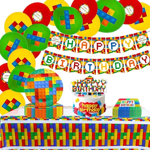 JeVenis Decoracion de Fiesta de Bloques de Construccion Banner de Cumpleaños de Bloques de Construccion Mantel de Bloques de Construccion Platos de Fiesta de Bloques de Construccion Globos de Bloques