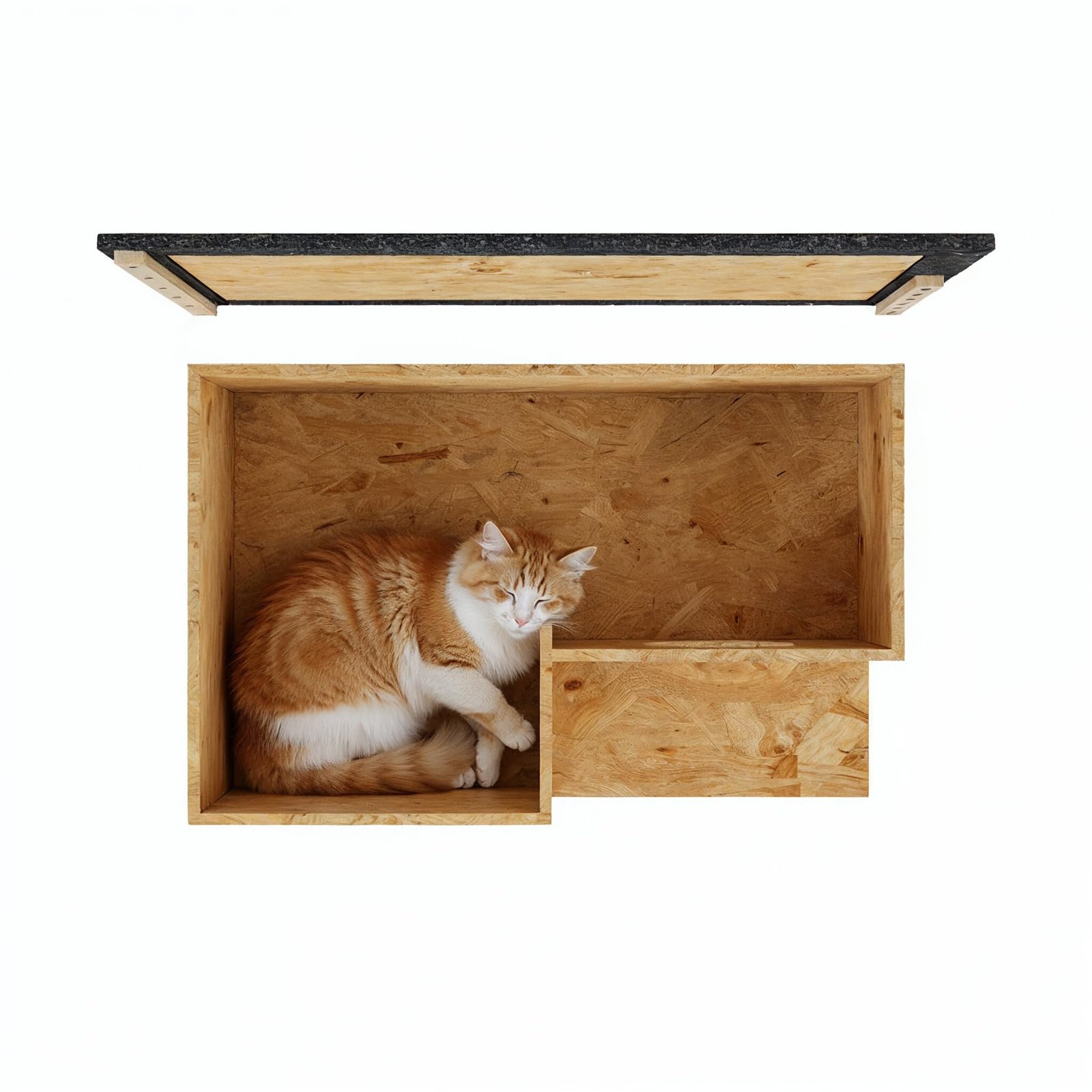 QLS Casetta per gatti OSB, resistente alle intemperie, per esterni, con tetto bituminoso e parete di protezione, 59 x 37 x 27 cm, marrone, pronta da montare