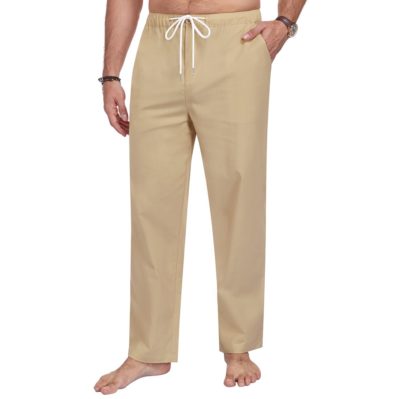Litthing Herren Baumwolle Leinenhose Leicht Sommerhose Baggy Jogginghose Elastischem Bund Freizeithose mit Kordelzug und Taschen für Urlaub Strand Täglichen