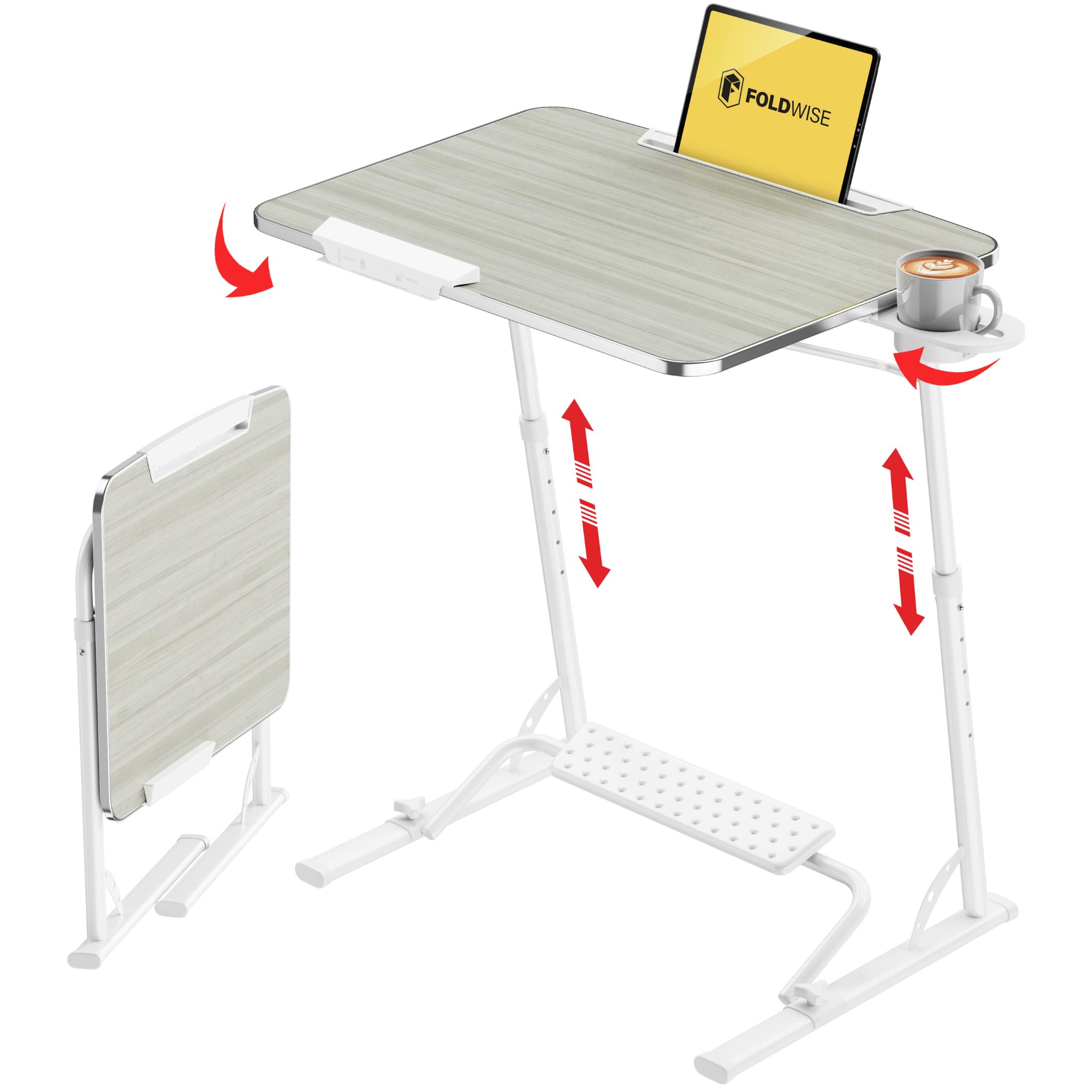 FoldWise Folding Laptop Table for Sofa - Sturdy Portable Desk, Height & Angle Adjustable Overbed Table for Dinner, Work & Study; All-In-One: Footrest, Cupholder, Tablet Holder, Edge Stopper - Wooden