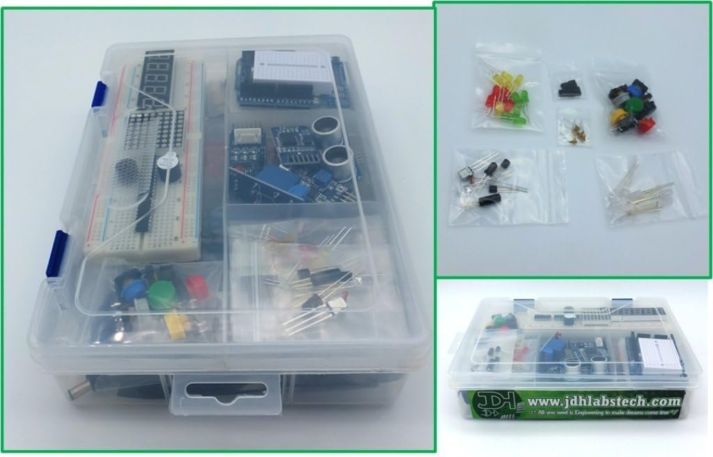 The JDH Labs Tech Mega 2560 Ultra Starter Kit components stored in a clear, two-level plastic organizer box.