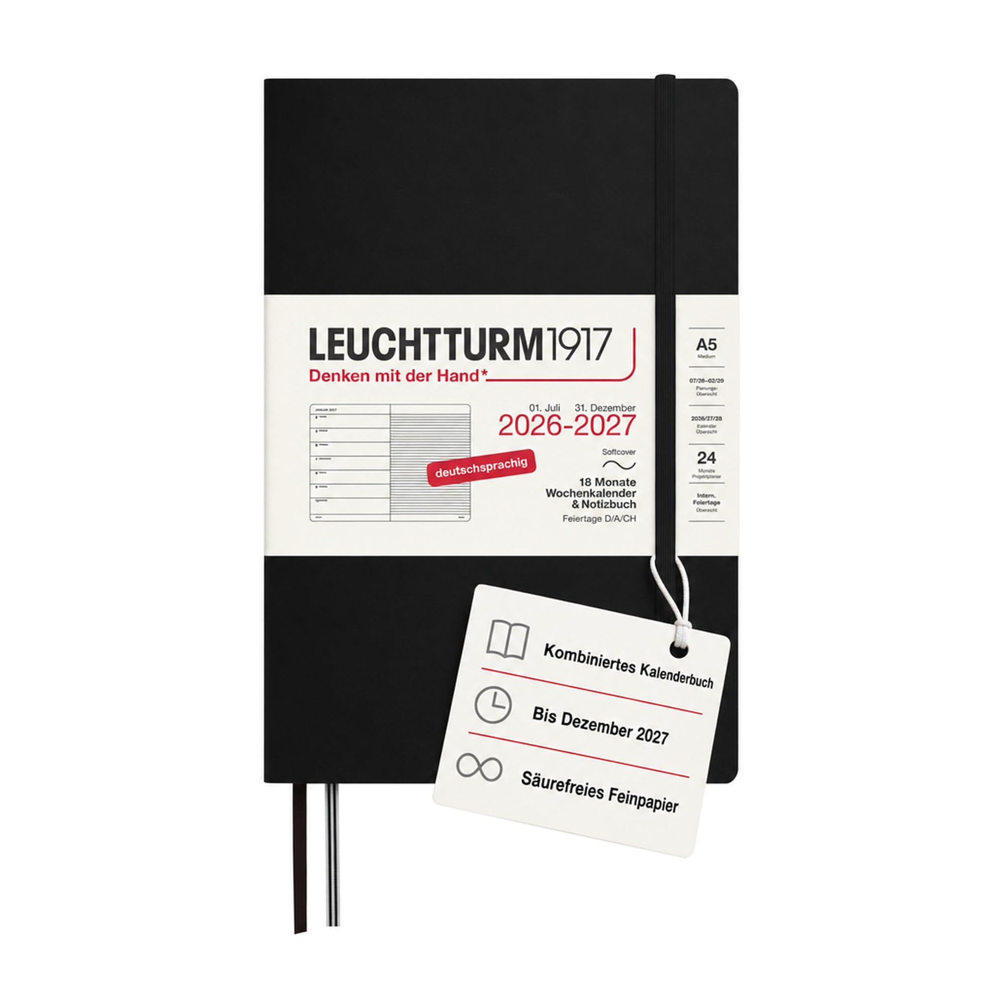 LEUCHTTURM1917 Agenda semanal 2027 A5 con cuaderno, a rayas, agenda alemana, 18 meses de julio de 2026 a diciembre de 2027, negro, tapa blanda, 210 x 145 mm, vista semanal izquierda + página de notas
