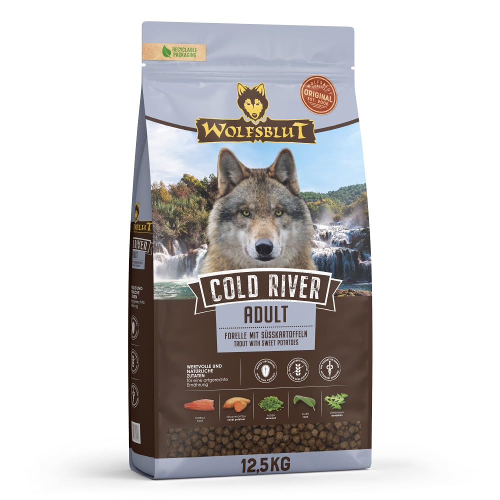 WOLFSBLUT – Cold River Adult | Trockenfutter mit natürlichen Zutaten und wertvollen Superfoods für ausgewachsene Hunde. Getreidefreies Alleinfutter ohne Zusatzstoffe im Beutel | 12,5kg Forelle