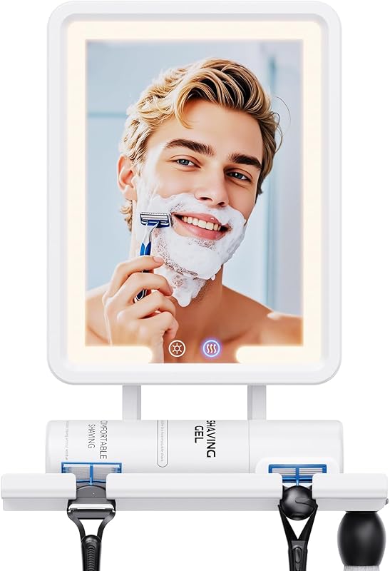 Espelho aquecido para banheiro eeuuty com iluminação regulável, suporte para barbeador e montagem sem perfuração, branco