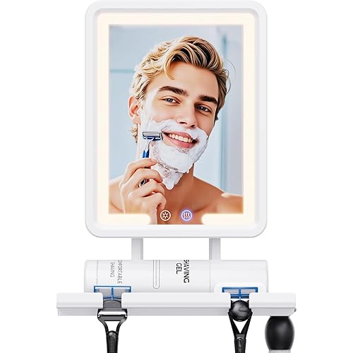 Heated Shower Mirror Fogless for Shaving 2025 New, 3 Colors Stepless Dimmable Lights Anti Fog Shower Mirror, Fog Free Mirror for Shaving with Razor Holder for Men, NO-Drilling, Removable - White