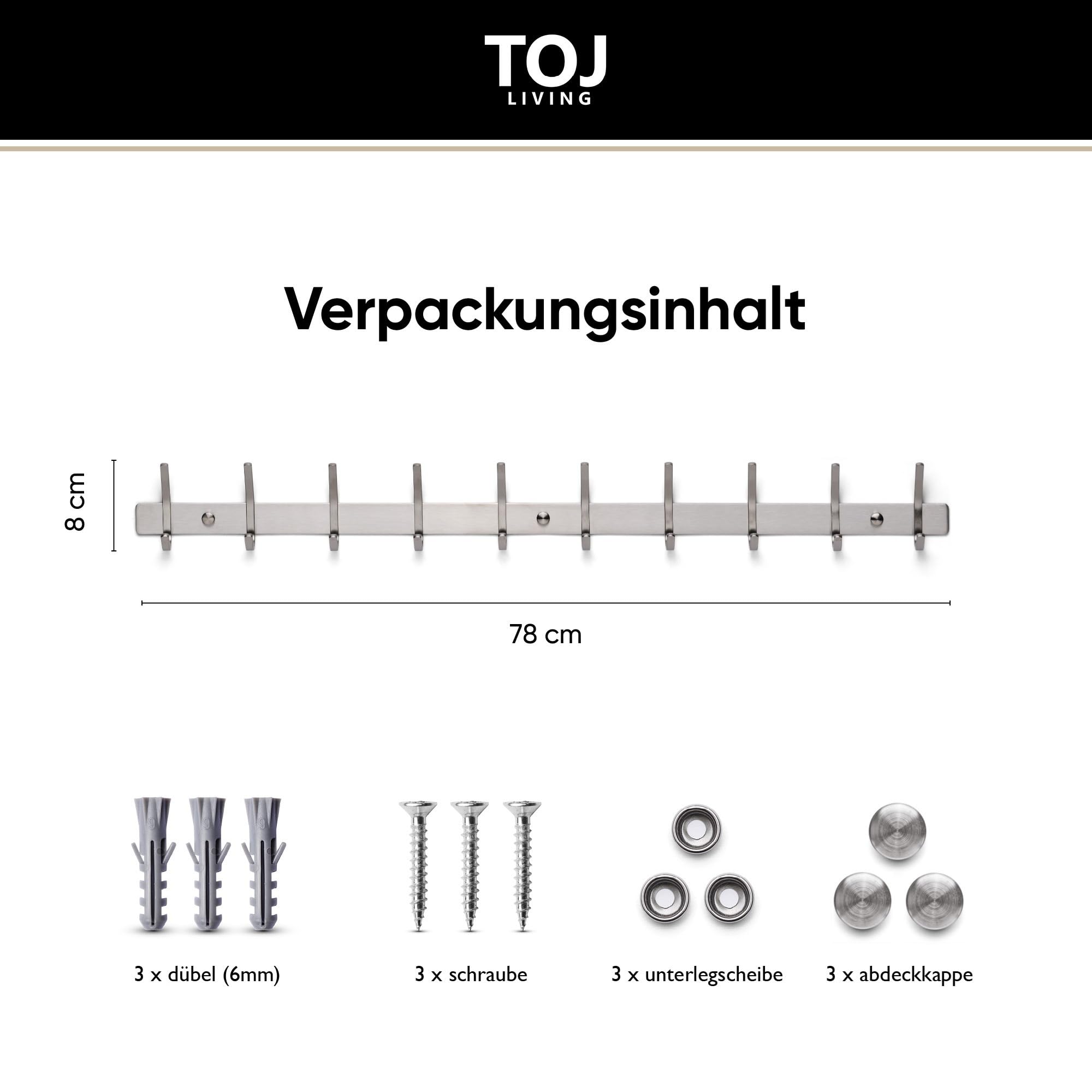 TOJ Wandgarderobe - 78CM - 20 Haken - Kleiderstange wandmontage - Kleiderhaken wand - Garderobenstange wandmontage- Kleiderstange - Jackenhalter - Garderobe paneel - Edelstahl - Silber