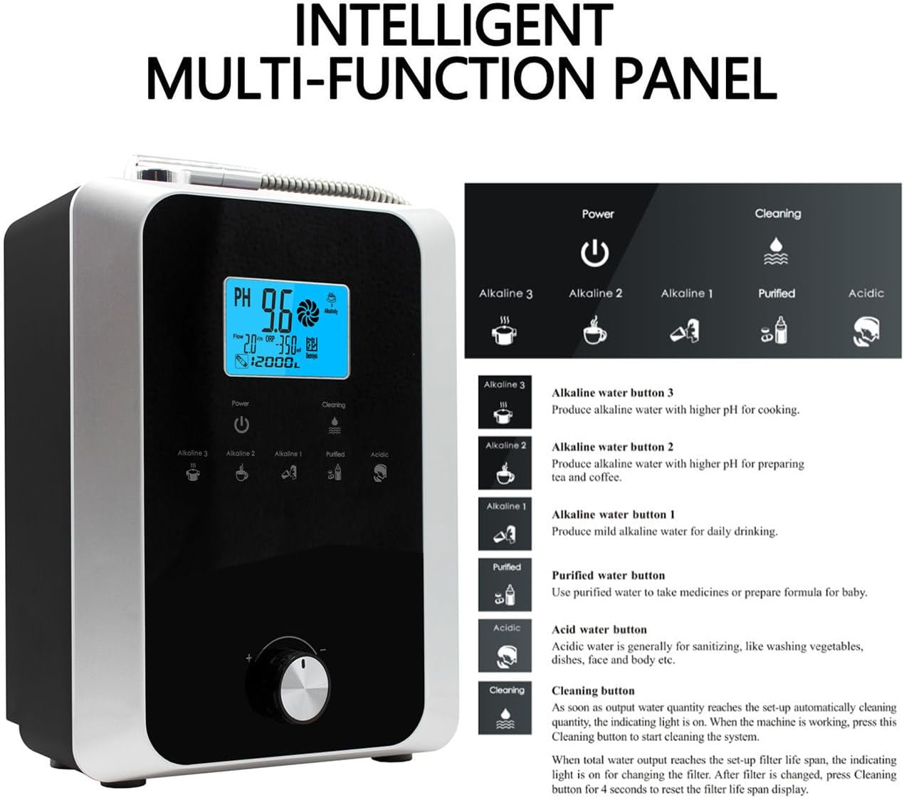 Multifunctional Water Purifier Machine Water Ionizer pH 2.8-11 Acidic Alkaline Water Filtration Device Auto-Cleaning Water Ionizer for Various Water