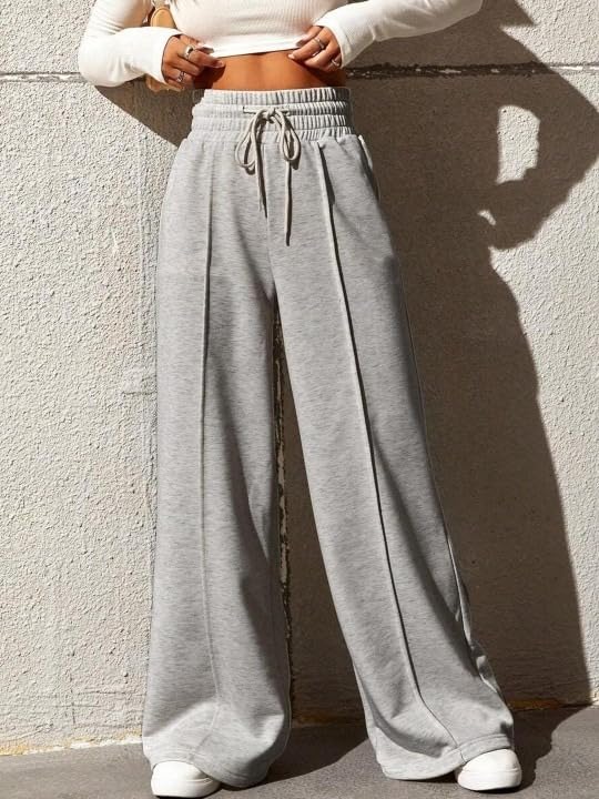 Image of Women's Wide Leg Casual Pants, High Waist Cotton Blend, Drawstring, Light Colour, Relaxed Fit