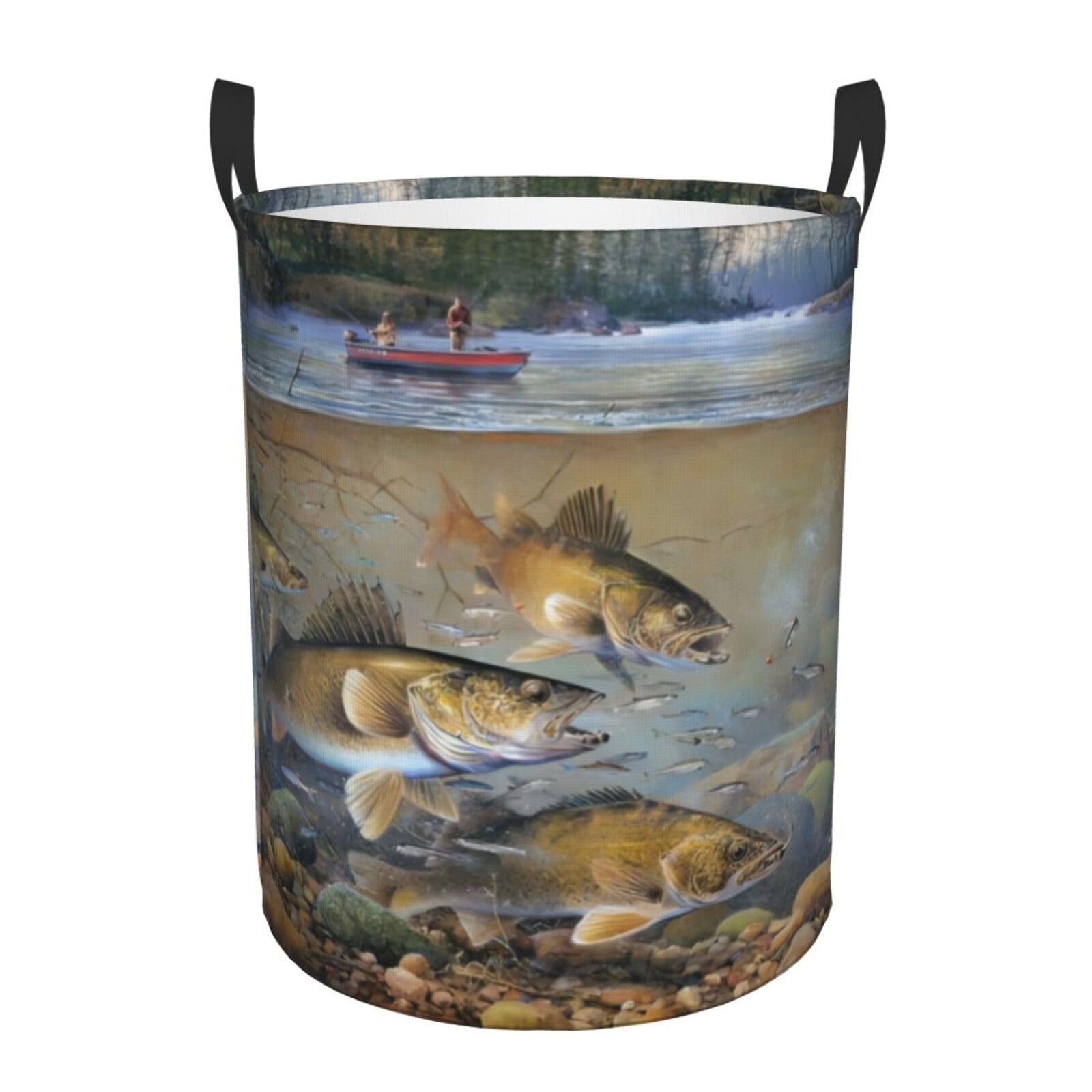 S Circular Hamper Fishing Lake Fishermen Print Storage Basket for Home