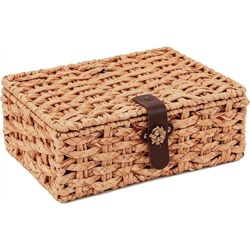 Hndhbfgrt Wicker Storage Basket with Lid Seagrass Basket with Lid for Shelf Decor & Home Organization Small