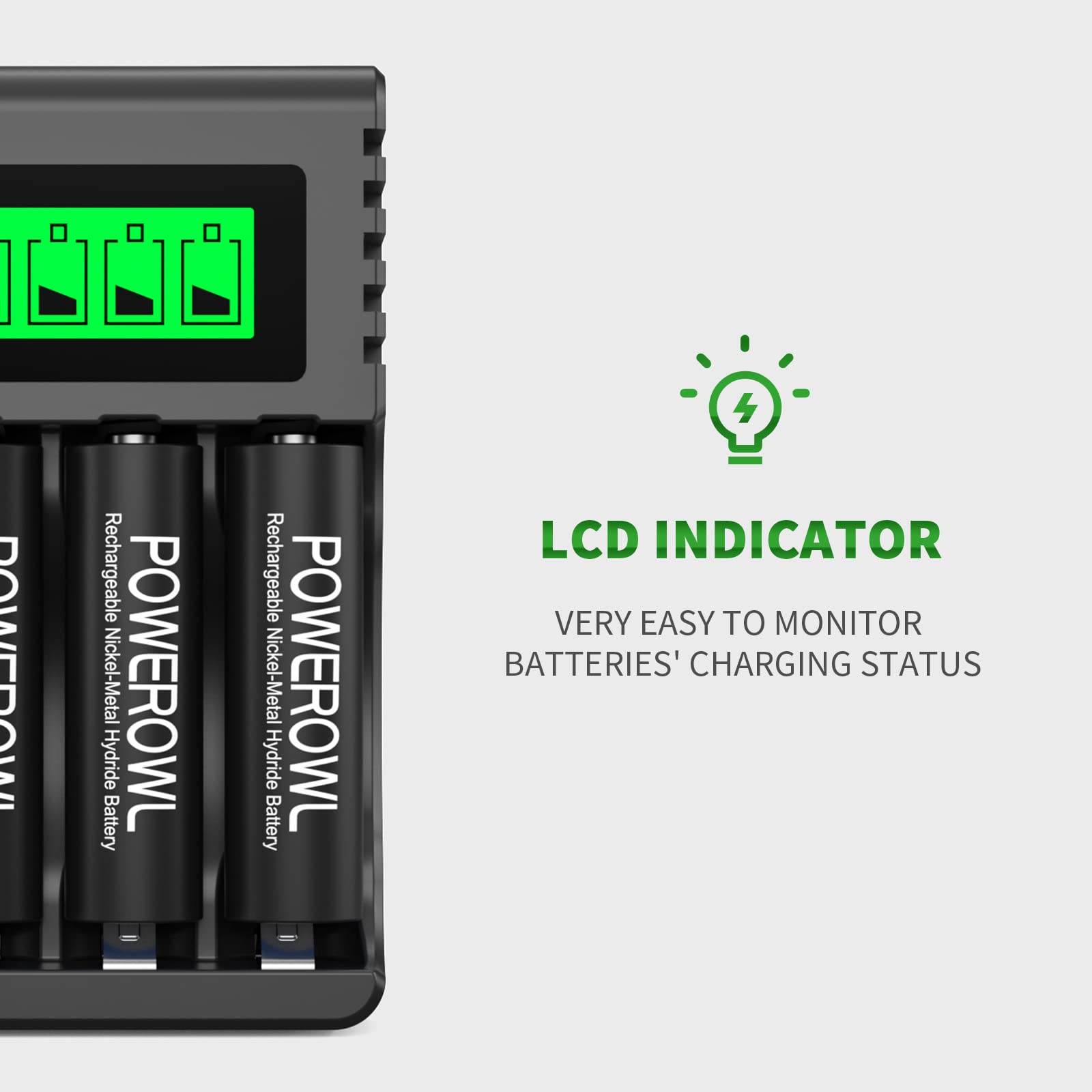 POWEROWL Caricabatterie Indipendente per AA AAA Ricaricabili Ni-MH USB Ricarica Rapida 4 Slot