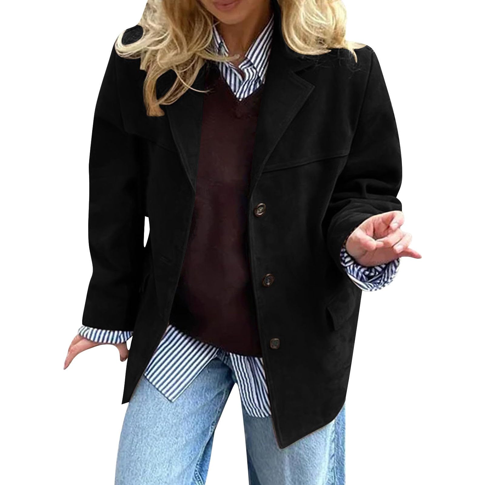 Blazer long pour femme - Noir - Tenue d'affaires - Veste élégante - Courte - Oversize - Costume traditionnel - Manteau court - Long blazer festif - Cardigan élégant