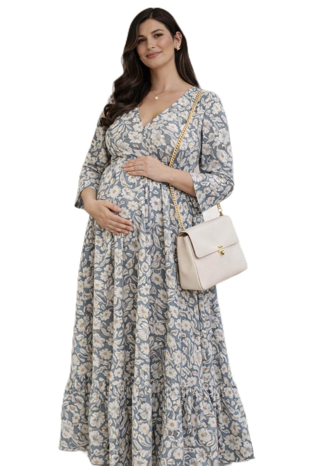 Pregnant Woman in Grey Maternity Dress at Home-image-49