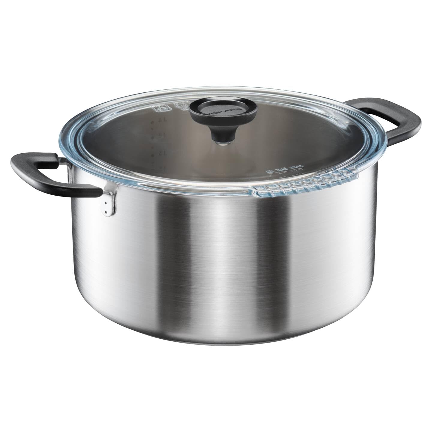 Fiskars saucepan with lid, 7 litres, Ø 28.5 cm, Suitable for all hobs, Recycled stainless steel, Functional shape, 1072318, Black/Silver