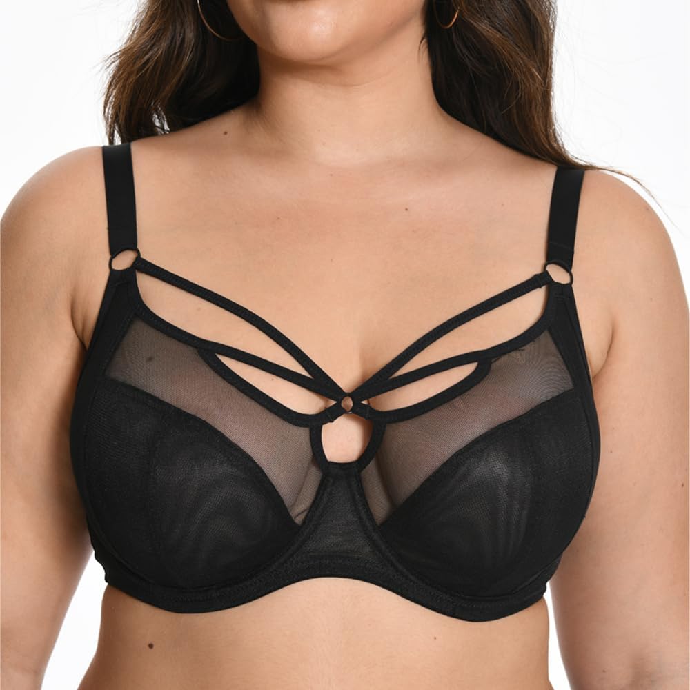 Women's Plus Size Breathable Cut Out Mesh Bra with Underwire Design Black/Nude/Wine - Image 3