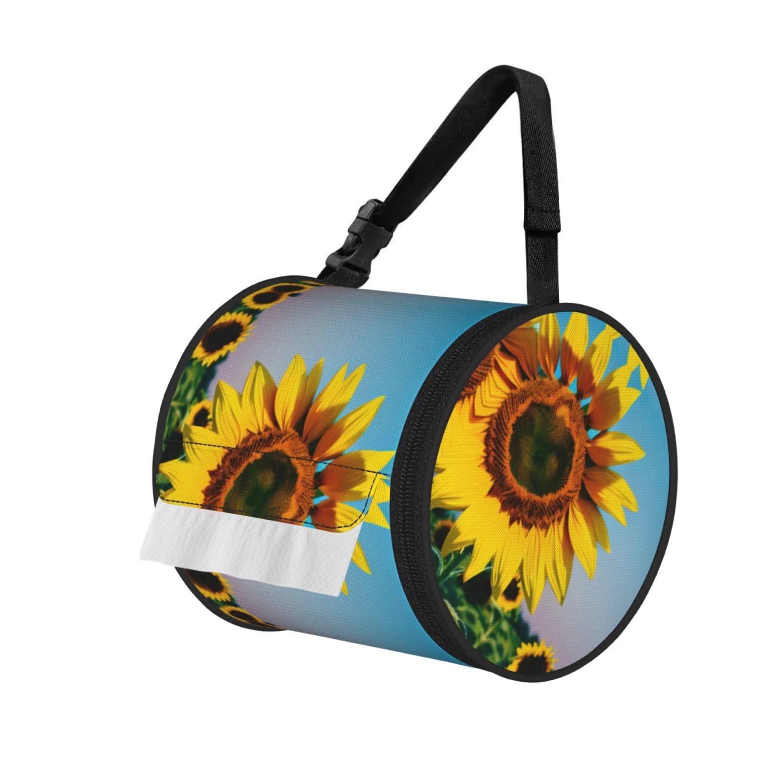 Jiuty Black Sunflowers Flowers Print Cylinder Tissue Organizer Bag With Strap, Portable Toilet Roll Holder For Camping Car