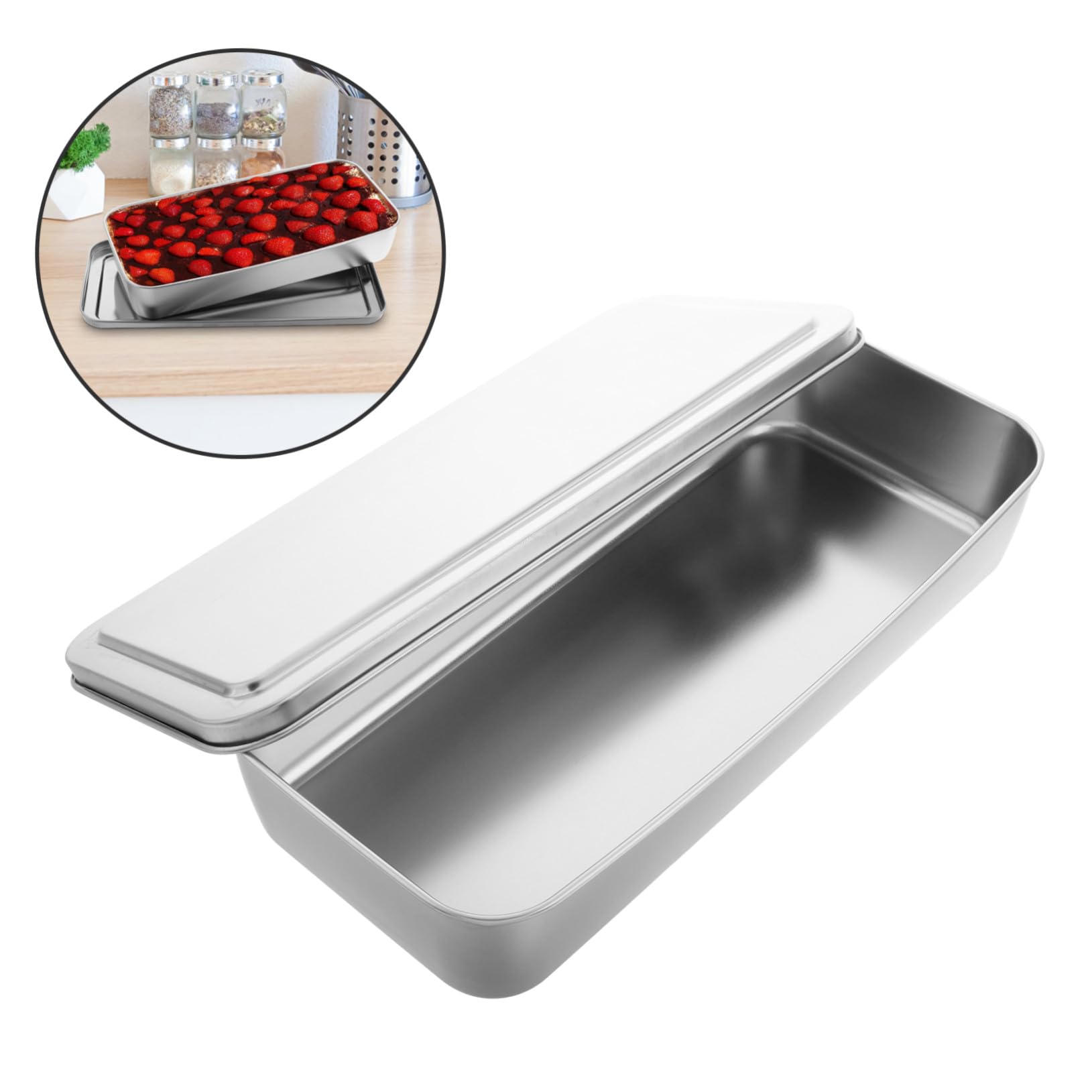 Cabilock Edelstahl Backform Rechteckig mit Deckel Langlebig und Rostfrei für Tiramisu und Käsekuchen Vielseitig zum Backen Lagern und Servieren Moderne Silberne Kuchenform