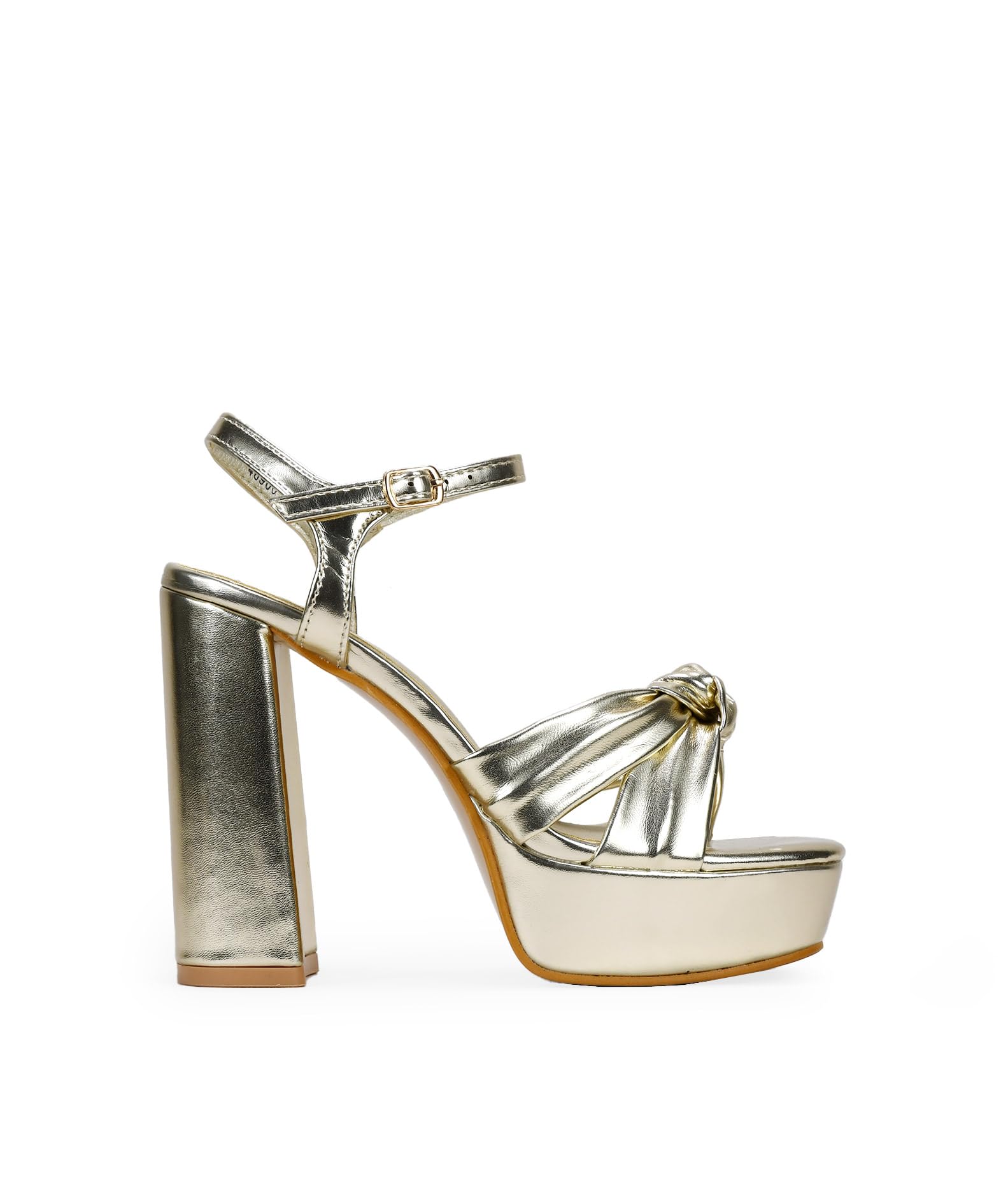 BOSANOVA Sandali da festa in oro metallizzato con dettaglio a fascia anteriore annodata e tacco XXL da 12,5 cm. Chiusura con cinturino sottile con fibbia alla caviglia. Scarpe da donna