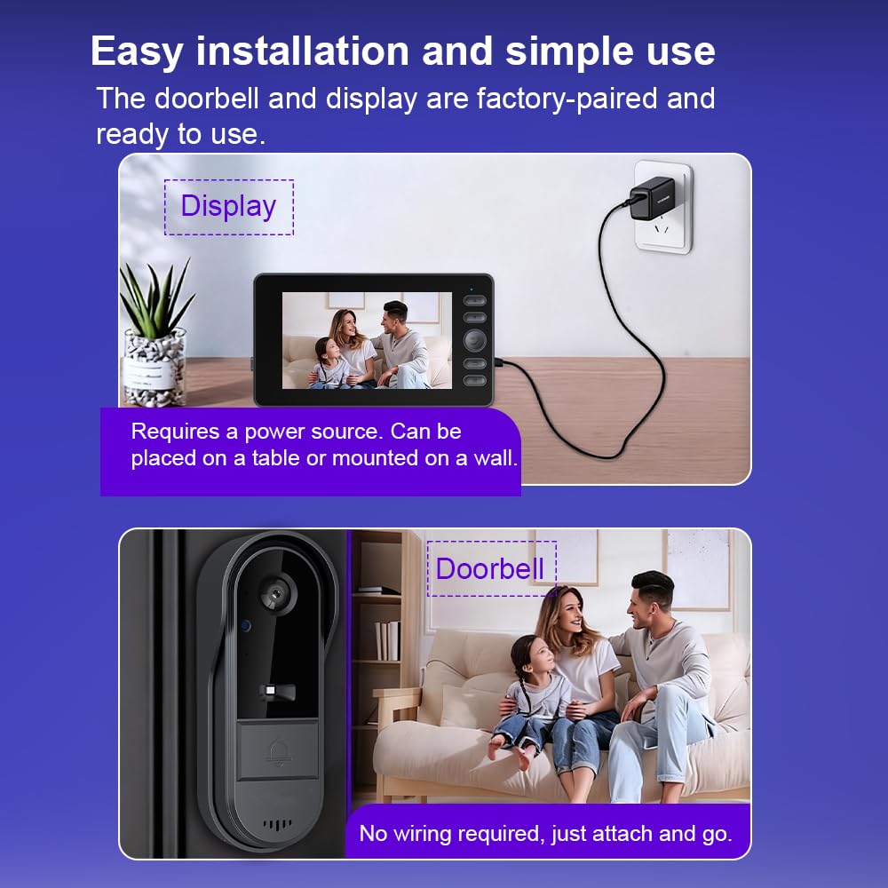 Winnes Videocitofono Citofono Senza Fili da Esterno con Schermo IPS 4,3'' Video Campanello con Telecamera 1080P 170°Angolo Visuale,Visione Notturna,Spioncino Digitale Senza WiFi/APP/Abbonamento
