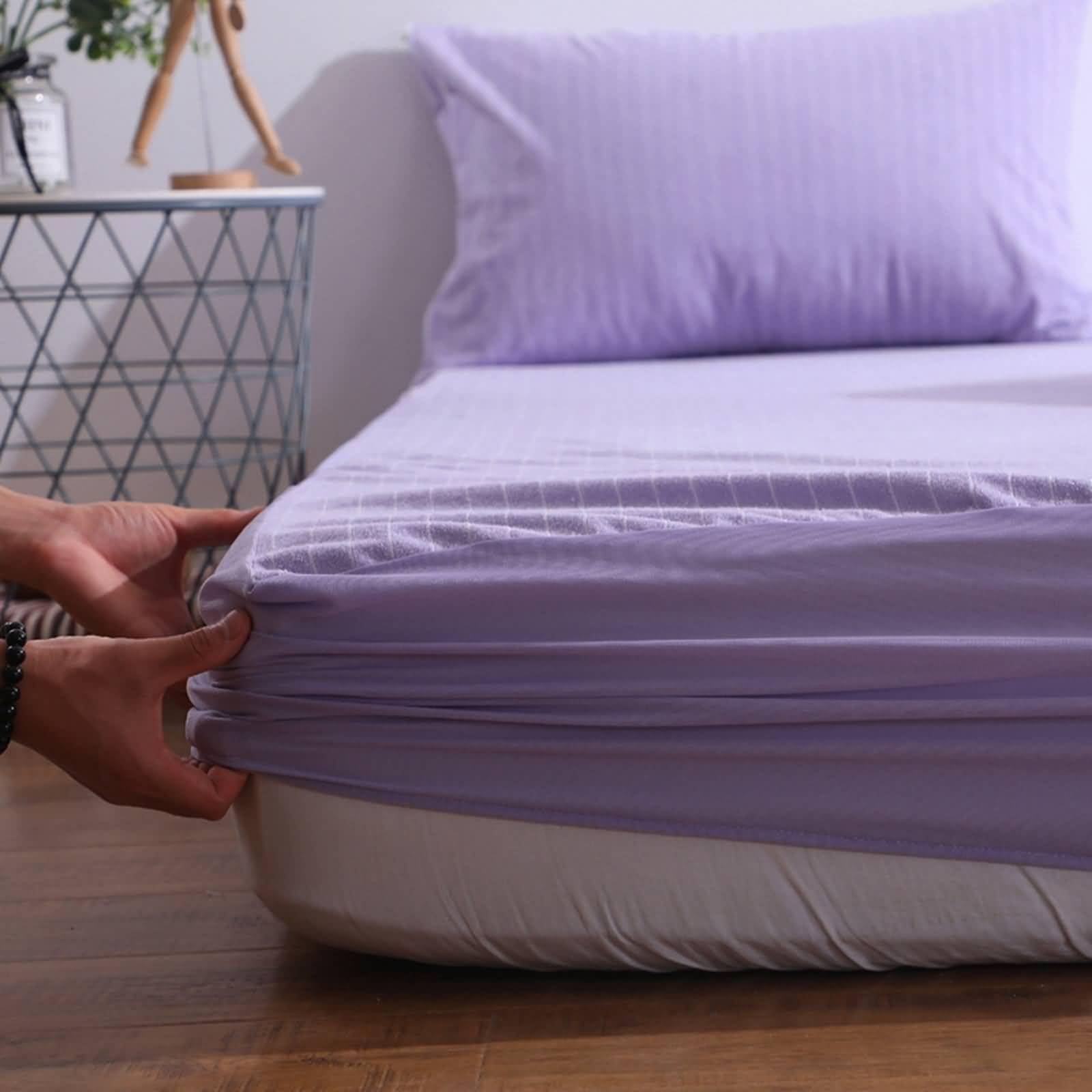 Drap Housse Fibre Chimique Lit Double avec Elastique, Motif À Rayures, 180 x 200 x 30 CM, Violet