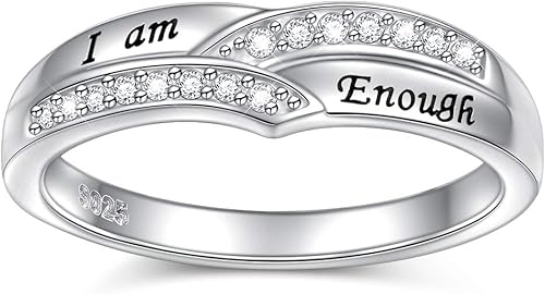 I am Enough Rings 925 Sterling Silver CZ Ring Inspirational Jewelry Gift for Women Ring Size 6-9