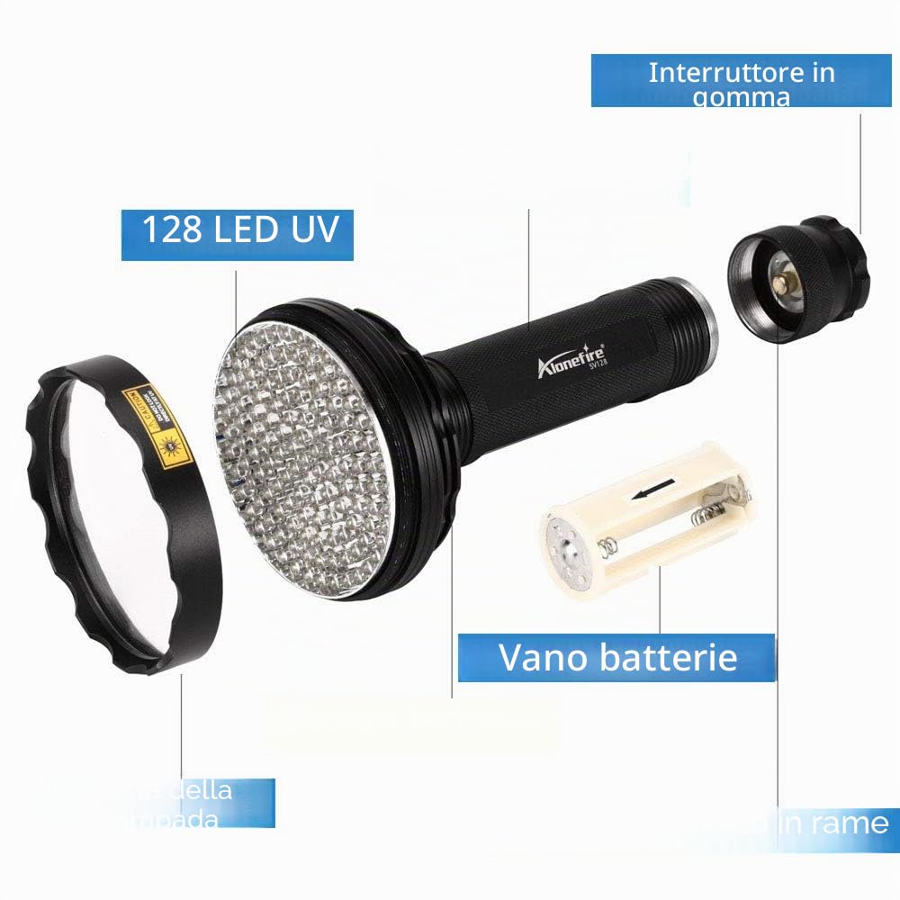 Alonefire SV128 Torcia UV Professionale 395nm 128 LED Lampada Ultravioletti Luce Nera per Fluoresceina, Scorpione, Rilevatore di Urina, Macchie Secche, Pavimento con Occhiali UV, Batterie 6xAA incluse