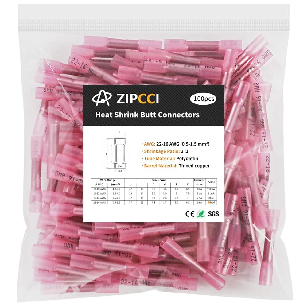 22-16 AWG Heat Shrink Butt Connectors - 100Pcs Red Crimp Waterproof Electrical Cable Wire Connector Speaker Automotive Marine Grade Wire Crimp Terminals Insulated Butt Splices