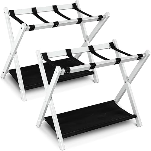 Babion Portaequipajes plegables con estante, soporte de maleta de madera, 2 niveles plegables con cinturones de nailon resistentes, soporte para