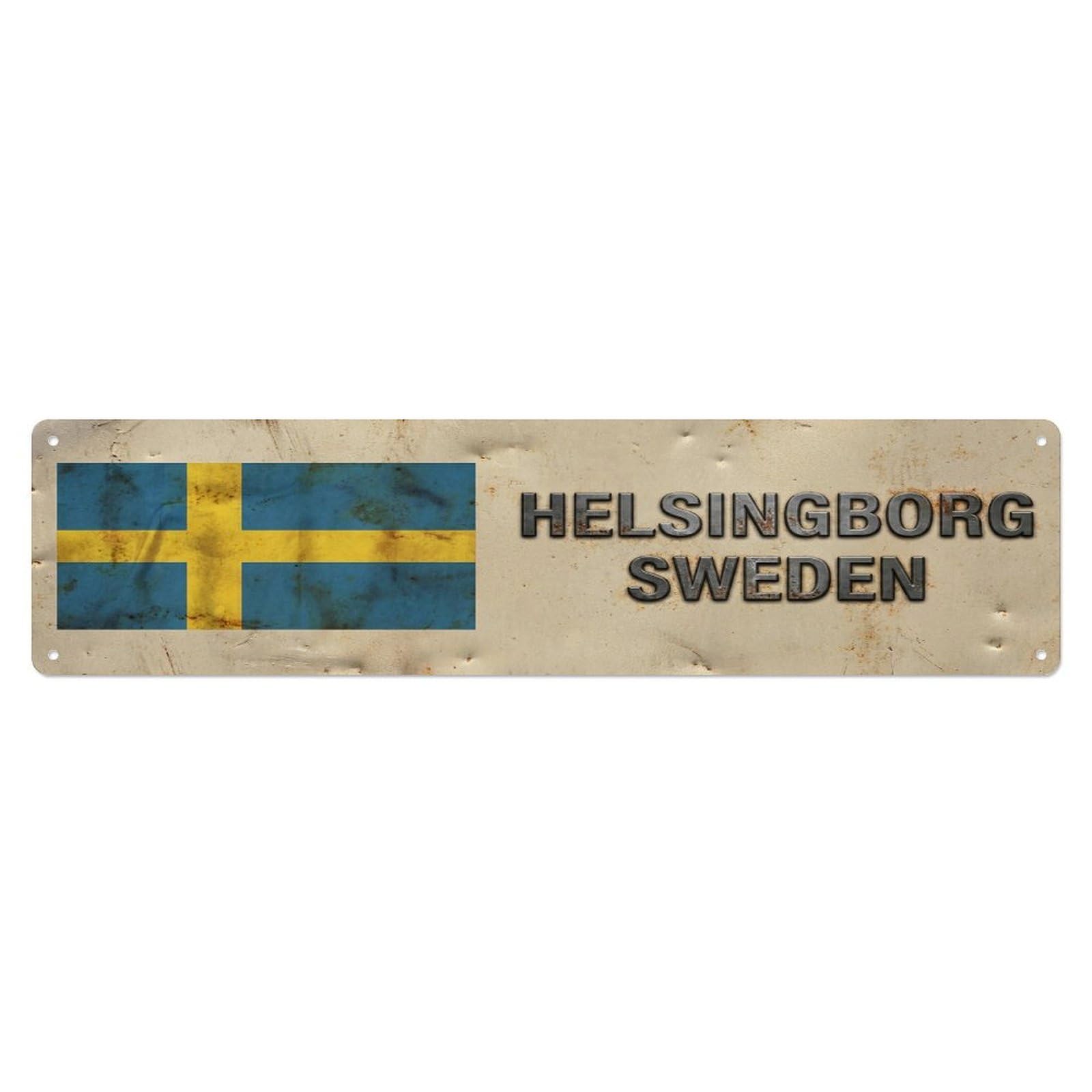 Vintage Helsingborg Sweden Flag Decor Rustic Travel Metal Tin Sign