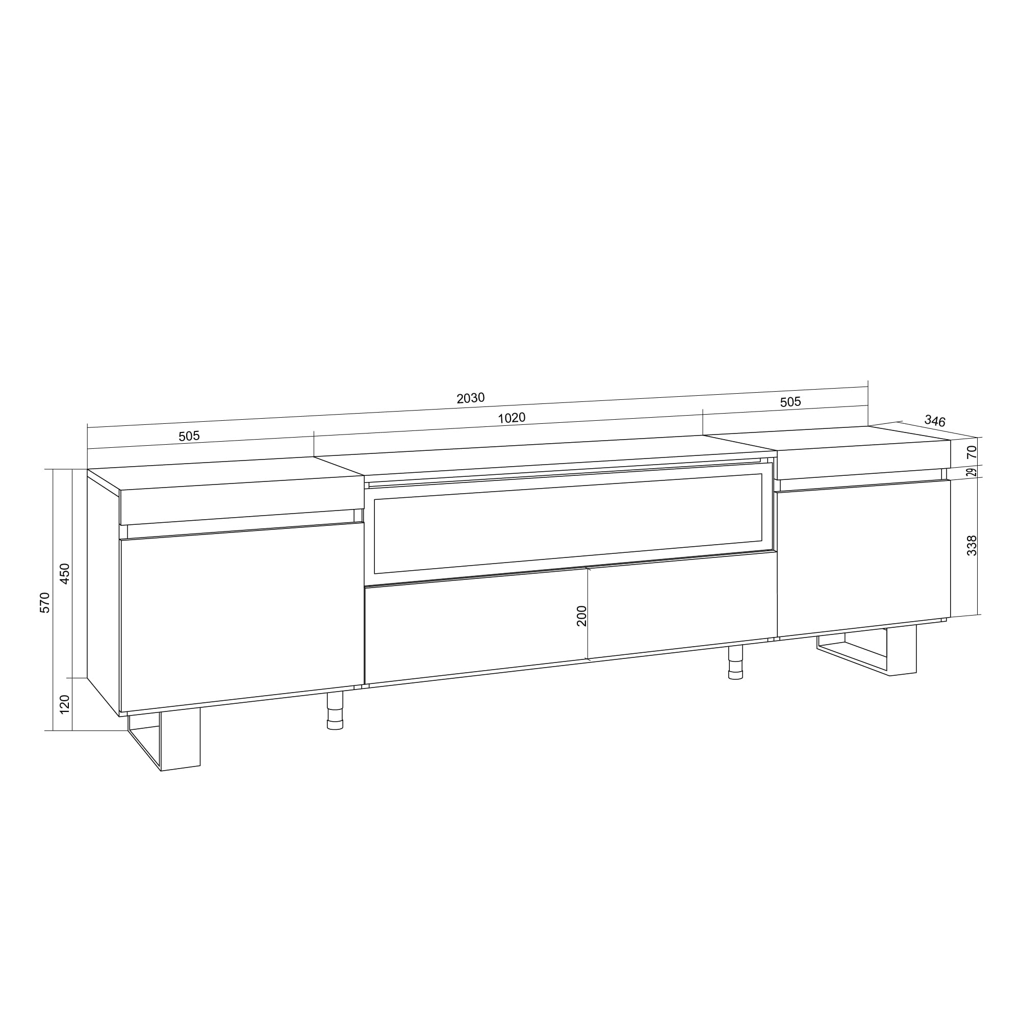 Skraut Home | Mobile TV Soggiorno | Ampio spazio a disposizione | 200x57x35cm | Per TV fino a 80" | Camino elettrico | Design industriale | Stile moderno | Bianco e Rovere soft