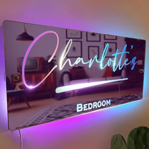 VEELU Espejo personalizado con nombre personalizado, espejo con luz LED, espejo de decoración de pared para dormitorio, sala de estar, luz de