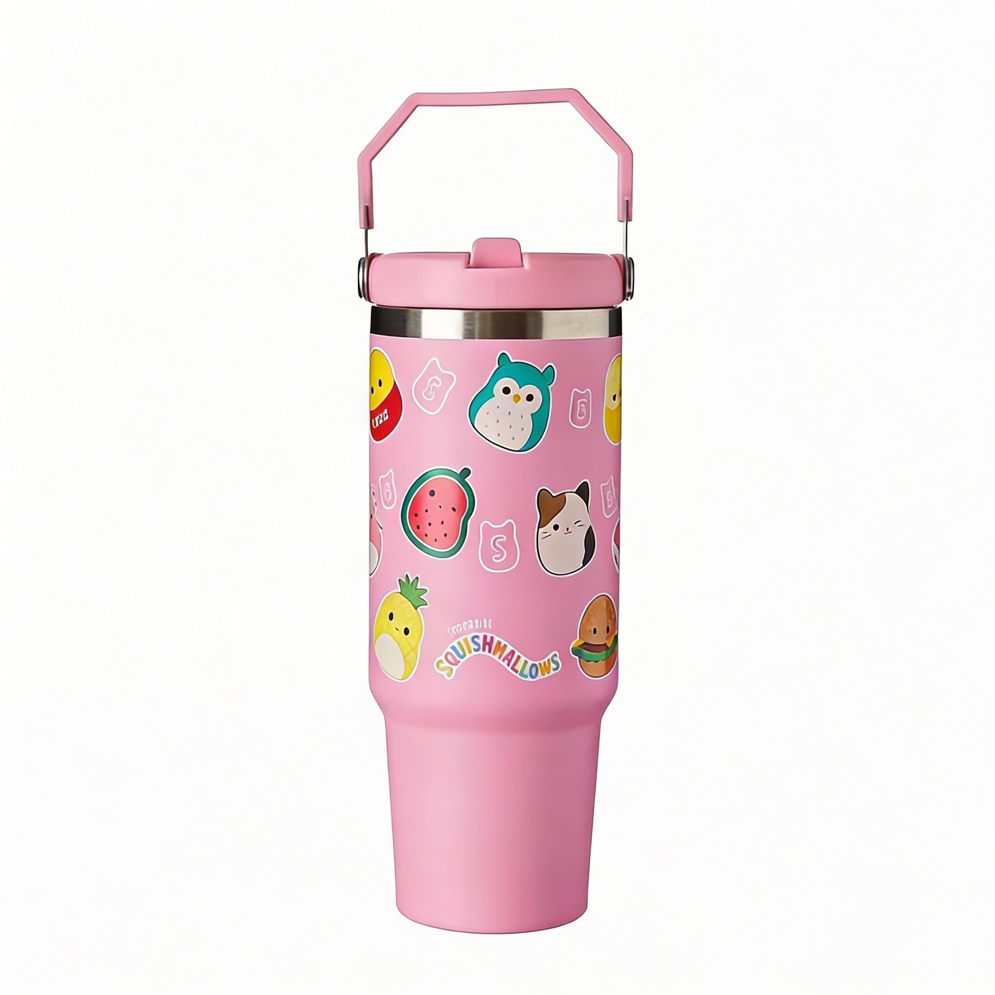 Squishmallows 30oz 900 ML Pink Travel Mug Coffee Cup Tumbler with Leakproof Straw & Lid | Stainless Steel Double Wall Vacuum Insulated Water Bottle for Office, Car | Cold for 17Hrs & Hot for 5Hrs