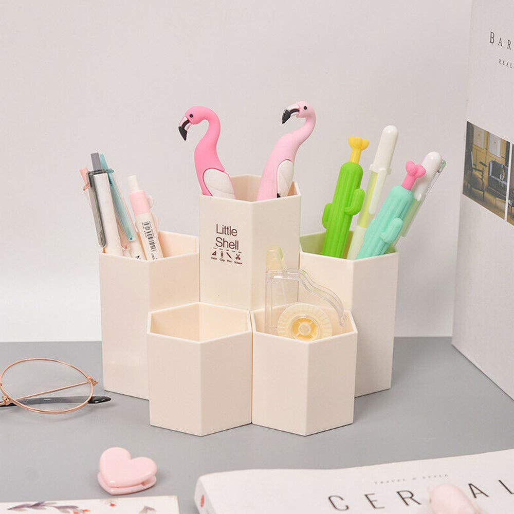 Pot à crayons hexagonal en plastique à 5 compartiments - Style nordique - Organiseur de bureau pour la maison, le bureau, l'école (1 pièce, couleur aléatoire)
