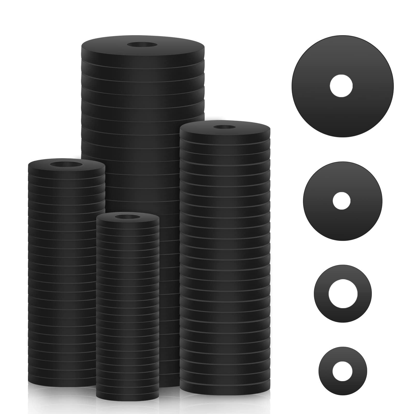 100 Pieces Rubber Washers, 4 Sizes Flat Rubber Washers Assortment Kit Heavy Duty Black Rubber Grommets Rubber Washers for Screws Bolts Spacers Household Appliances Faucets Use