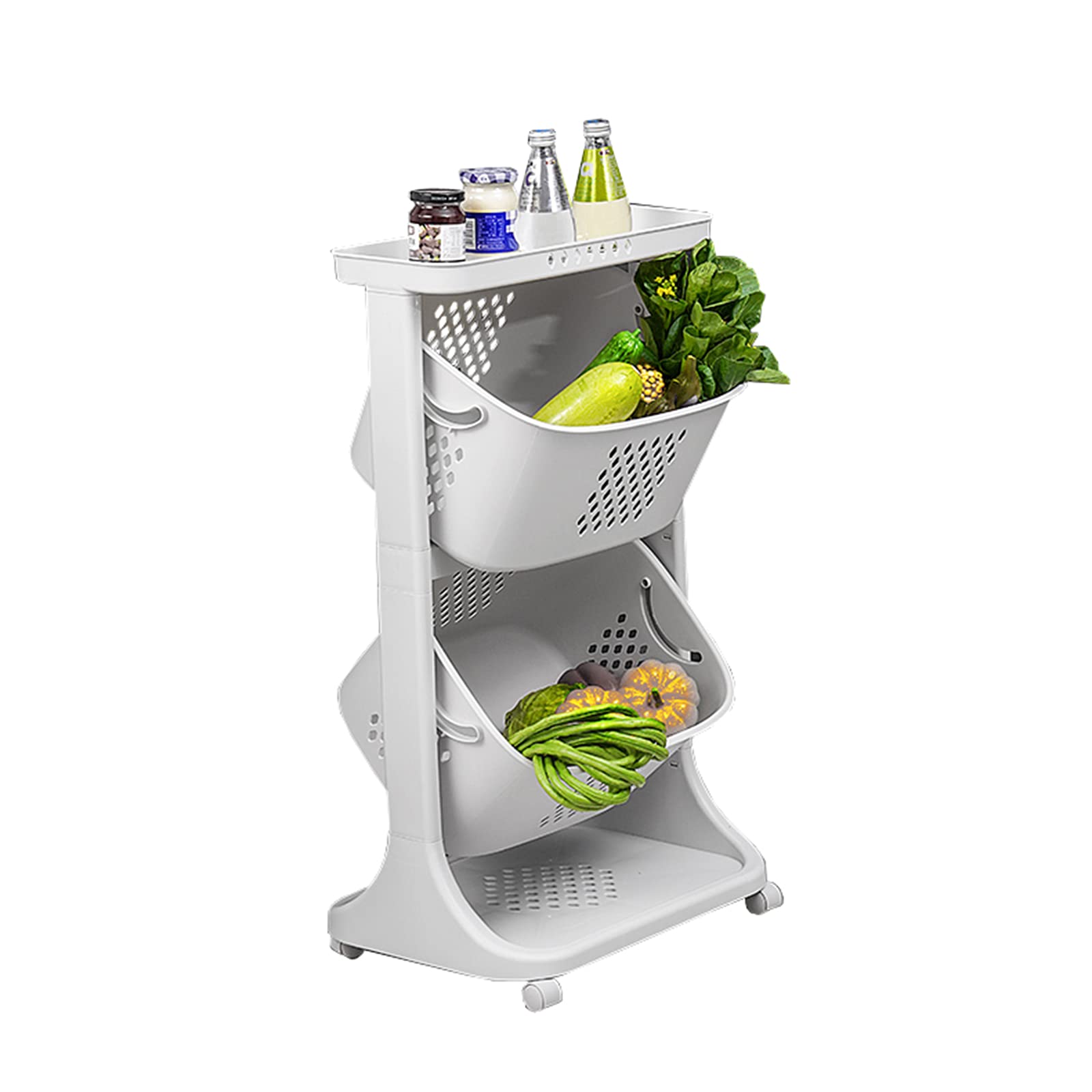 Chariot de cuisine blanc à 3 niveaux : étagère en plastique à panier rotatif