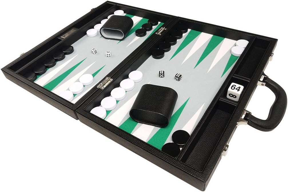 16-inch Premium Backgammon Set - Medium Size - Black Board, White and Green Points
