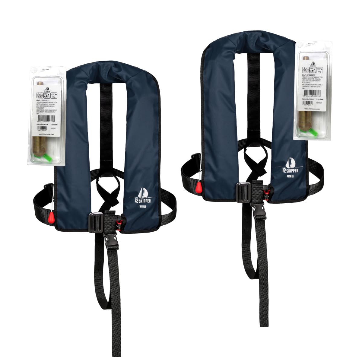 Lot de 2 Gilets de Sauvetage Automatiques ISO 165N avec Harnais, 2 Kits d'entretien Inclus