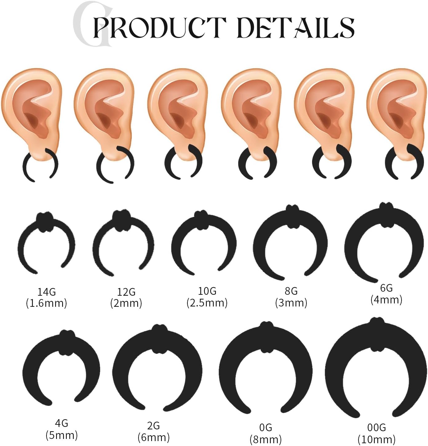 54PCS 14g-00g Ear Tapers Acrylic Plugs Ear Stretcher Kit Crescent O-Rings Ear Expander Set Ear Gauges Lobe Double Flared Body Piercing Jewelry Kit for Women Men 1.6mm-10mm