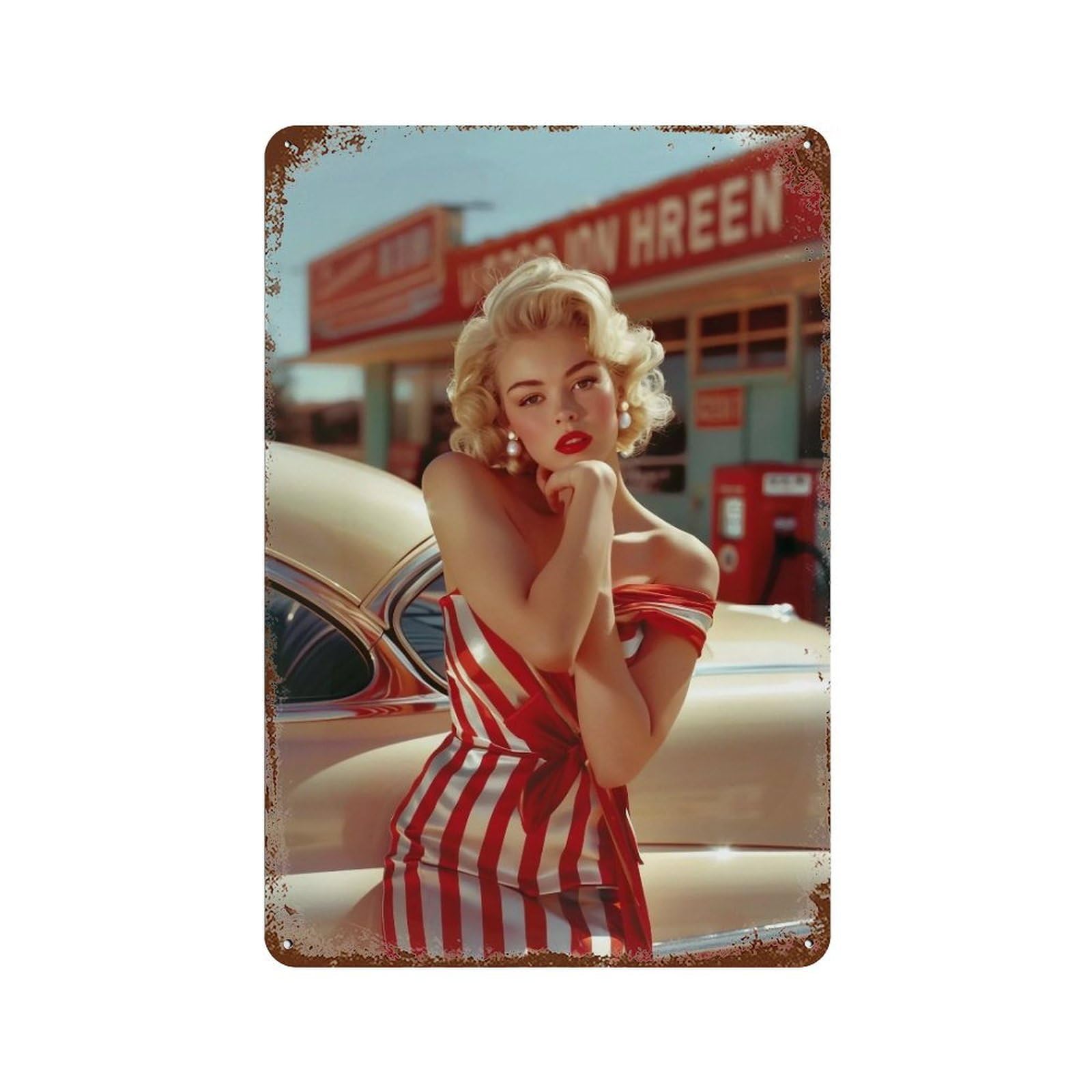HDURYEYRYY 1950s Sunny Roadside Pin Up 03 Wall Retro Iron Vintage Art Metal Tin Sign Poster Modern Home Cofffee Club Art Bar Shop Decor 30x20cm