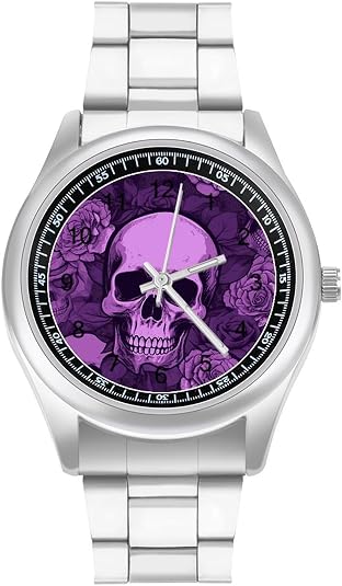 Purple Skulls and Roses Watch Men's Casual Stainless Steel Watches Fashion Business Wristwatch Silver Work Wrist Watches Numerals Dial Dress Watch Easy to Read