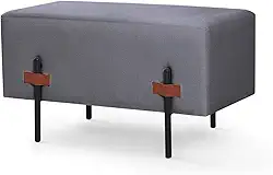 Puff Recamier Retangular Durhan Industrial de Linho Detalhe em Couro (Chumbo)