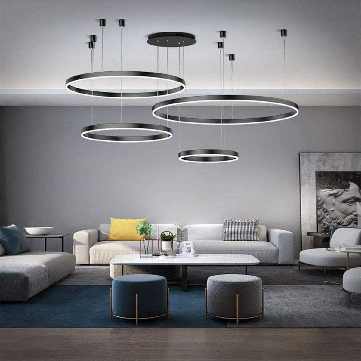 Moderna Lámpara Colgante LED 4 Anillos Instalación independiente 90W Negro colgante ajustable Lámpara de techo regulable Con Control Remoto Para Sala estar Dormitorio Comedor 20×40×60×80CM