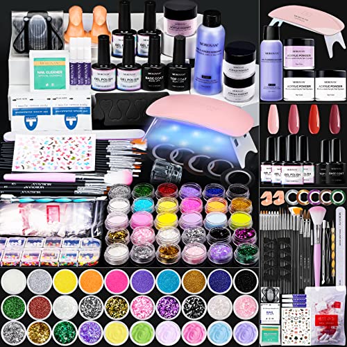 Morovan Acrylic Nail Kit for Beginners - with Everything Nail Supplies Gel Nail Polish Kit with UV Light 6W Glitter Acrylic Powder Monomer UV Gel Acrylic Nails Extension Nail Art Starter Kit