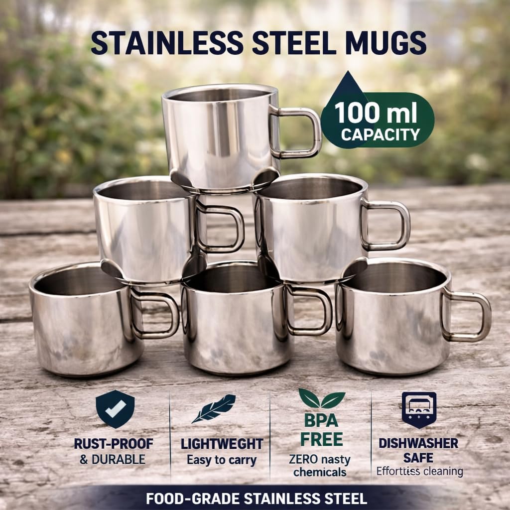 MARKET 99 Set of 6 Stainless Steel Silver Tea Cups (100ml Each) | Unbreakable & Reusable Coffee Mug for Tea, Milk & Beverages | Perfect for Kitchen, Dining, Travel, Parties, Canteen & Gift Options 1